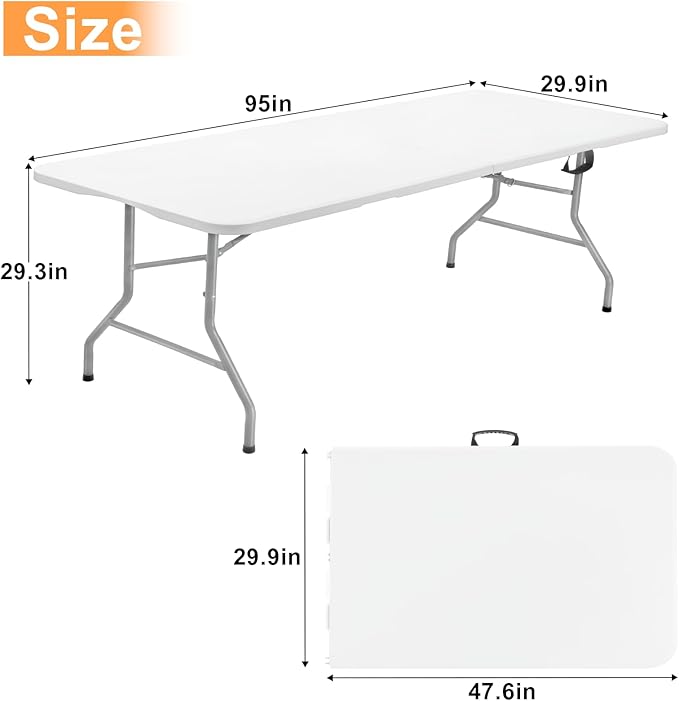 SKOK 330lbs Folding Picnic Table 8 Foot, 8FT Long Plastic Picnic Table Portable with Carry Handle, White Tailgating Utility Commercial Craft Table with Heavy Duty Frame for Party & Events