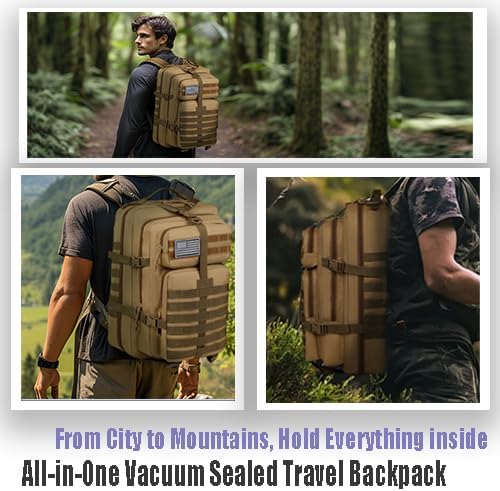 45L Military Tactical Backpack for Men, Large 3-Day Assault Pack MOLLE Rucksack, Waterproof Survival Bug Out Bag for Hiking, Camping, Hunting, Gym & Work, Includes US Flag Patch - Stealth Black