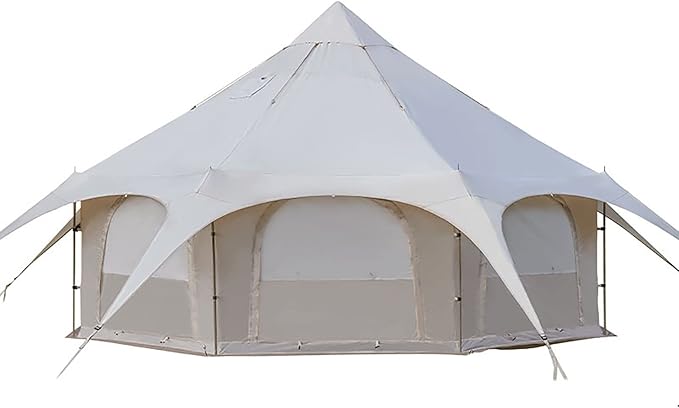 Outdoor Waterproof Cotton Canvas Tent, 4 Season Family Camping Bell Tent 8-10 Person with Stove Jacks for Glamping and Festivals and Human Shelter for Inhabiting or Leisure(Beige)