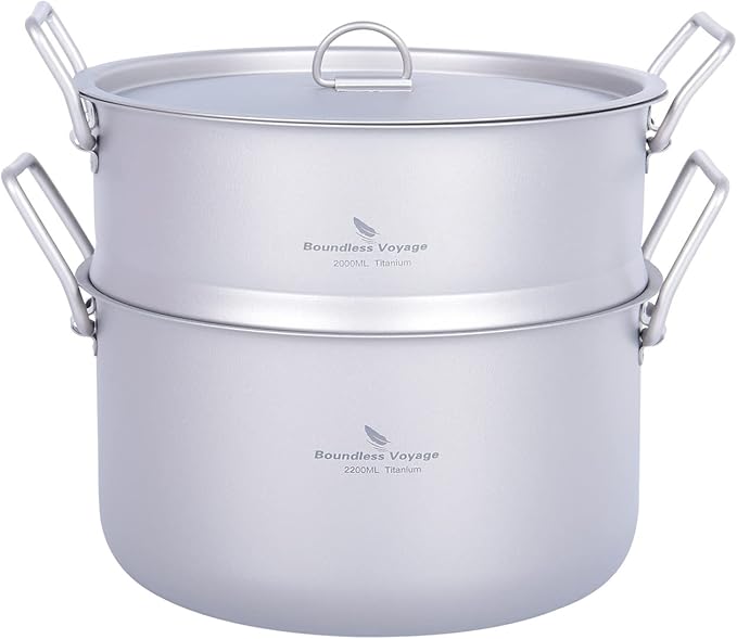 iBasnigo 2.2L Titanium Pot with Steamer Lightweight Portable Cookware Set for Camping Hiking Kitchen Cooking US-Ti2111C