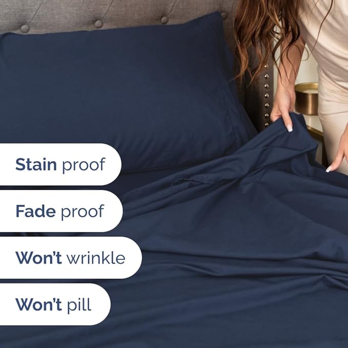 Full XL Bed Sheet - 4 Piece Full XL Bed Sheets Set - Soft, Breathable & Cooling - Hotel Luxury Bedding for Women, Men, Kids, Teens, Boys & Girls - Deep Pockets, Comfy, Fade & Wrinkle Free - Navy Blue
