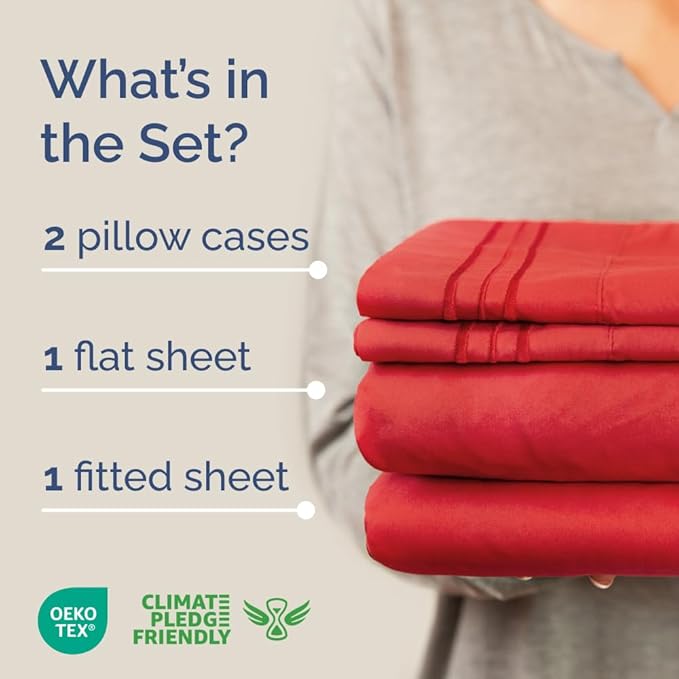 Full XL Bed Sheet - 4 Piece Full XL Bed Sheets Set - Soft, Breathable & Cooling - Hotel Luxury Bedding for Women, Men, Kids, Teens, Boys & Girls - Deep Pockets, Comfy, Cozy, Fade & Wrinkle Free - Red