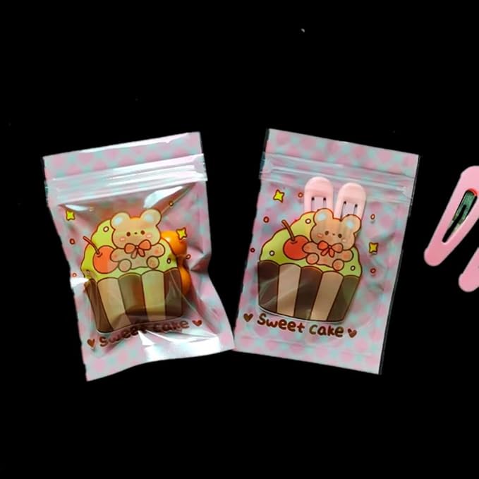 50 Pieces 7.5x11cm Small Cartoon Resealable Bags Cute PP Bag For Jewelry Packaging Bags Premium Adorable Anime Gift Bag (Pink bear)