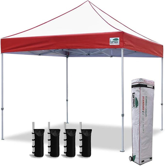 Eurmax USA Standard 10x10ft Patio Pop Up Canopy Tent for Outdoor Events Commercial Instant Canopies with Heavy Duty Roller Bag,Bonus 4 Canopy Sand Bags (Red&White)