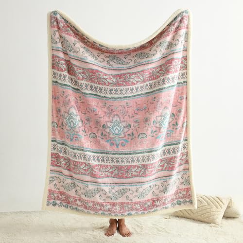 Boho Chic Sherpa Fleece Throw Blanket with Ultra-Soft Cozy Lining,Bohemian Patterned Throws for Sofa,Couch,Bed - color: Boho-pastel Pink, size: 50" x 60"