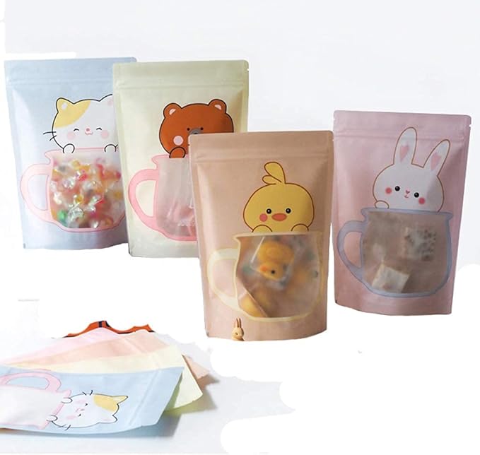 100 Pieces Resealable Cartoon Stand Up Plastic Smell Proof Zip Lock Packaging Bags for Food Storage Package Pouches (Pink Bunny,5.1x7.1 Inch)