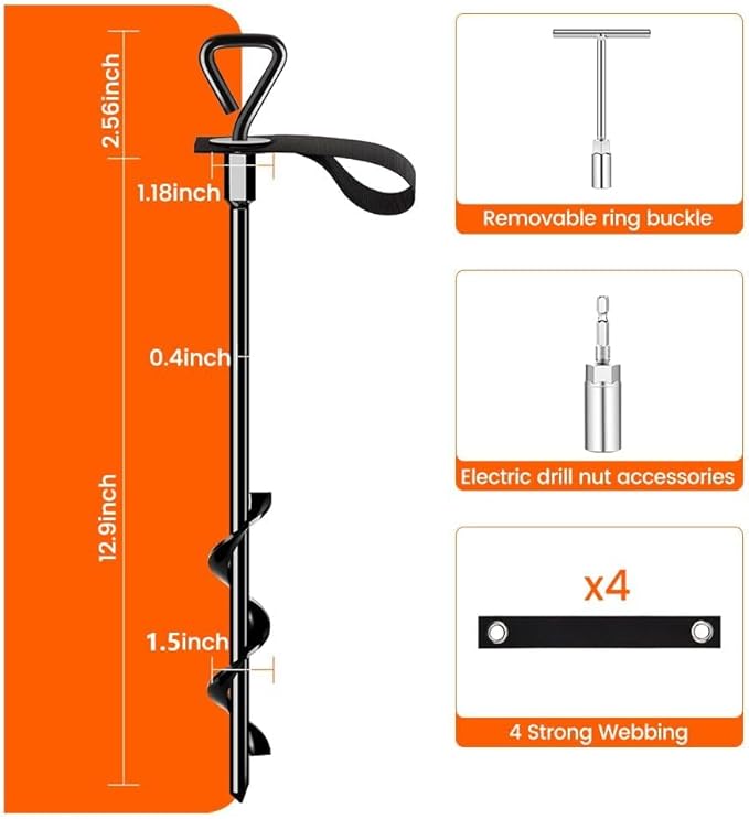 Trampoline Stakes Ground Anchors Screw in Tent Stakes Heavy Duty for High Winds, Trampoline Anchors with Straps, Canopies, Carports, Sheds, Swing Sets,Mobile Home 14in Ground Anchors