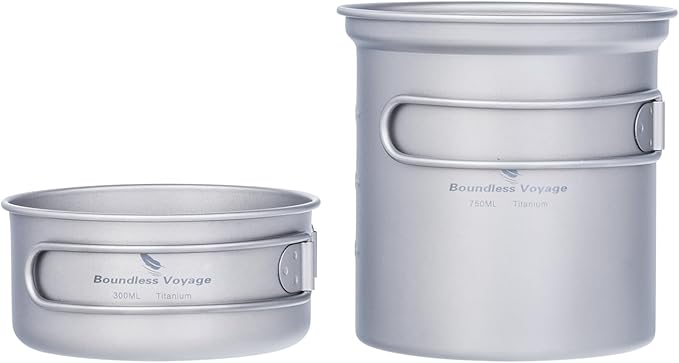 iBasingo Backpacking Cookset Titanium Camping Pots Set Ultralight Outdoor Picnic Pots Pans with Folding Handle Druable Portable Cooking Mess Kit Compact Picnic Dishes Bowls Cups (Multiple Sizes)
