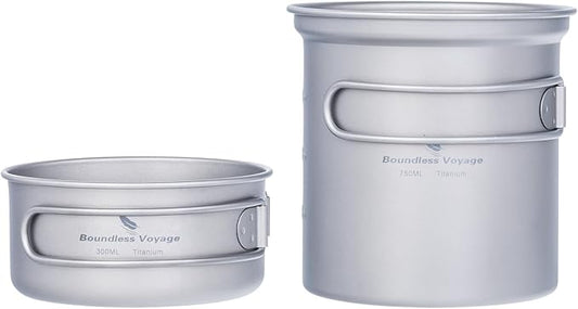 iBasingo Backpacking Cookset Titanium Camping Pots Set Ultralight Outdoor Picnic Pots Pans with Folding Handle Druable Portable Cooking Mess Kit Compact Picnic Dishes Bowls Cups (Multiple Sizes)