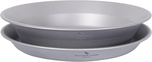 iBasingo Titanium Camping Plates and Bowls Set with Mesh Bag - 174mm Ultralight Backpacking Dinnerware for Hiking, Survival Kit & Outdoor Cooking (61g Plate + 67g Bowl) Ti1113T