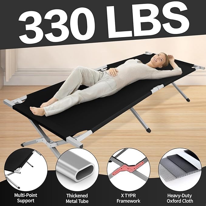 Camp Bed, Portable Folding Camping Cot for Adults,Indoor Outdoor Portable Sleeping Cot for Hiking, Camping with Carrying Bag (Black)