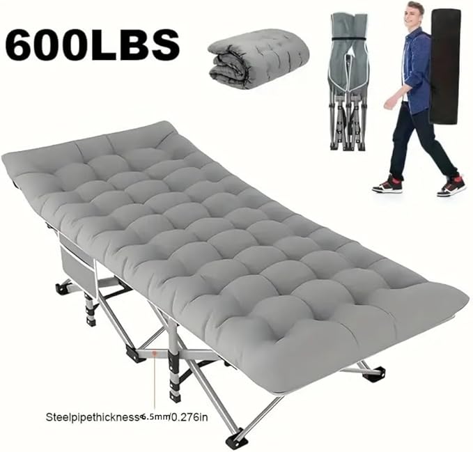Comfortable and Soft Folding Bed, Portable Camping cot with Side Pockets and Mattress, Extra-Thick Oversized Folding Bed, Weight Capacity of 500/600/700 lbs (Grey 600lbs)