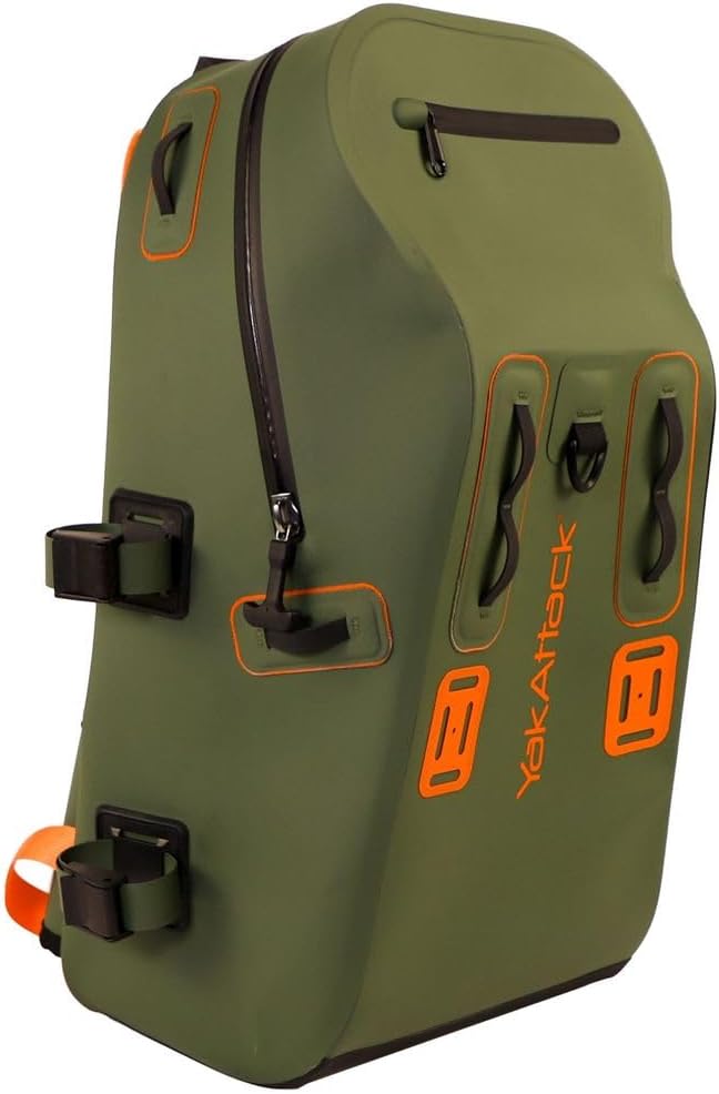 YakAttack 28L DryPak Waterproof Backpack - Green/Orange | Floating Marine Dry Bag Pack with Padded Straps for Kayaking, Fishing & Hiking | 10" x 22" x 12" | Lightweight Outdoor Gear & Storage Drybag