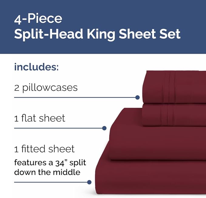 Flex Top Split Head King 4 Piece Sheet Set - Comfy Breathable & Cooling Bed Sheets Set - Hotel Luxury Bedding for Women, Men, Kids, Teens, Boys & Girls - Deep Pockets, Ultra-Soft - Oeko-Tex - Burgundy
