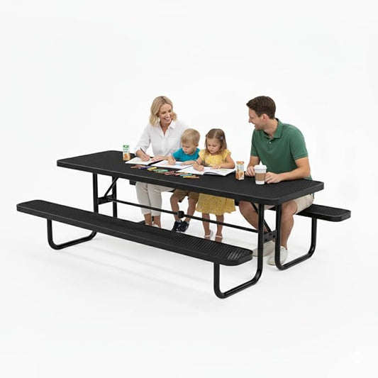 Metal Picnic Furniture for Outdoors with Umbrella Hole - Coated Steel Heavy Duty Commercial Grade Table with Adjustable Seats, Patio Set for a Lifetime (Black, 8' Rectangular)