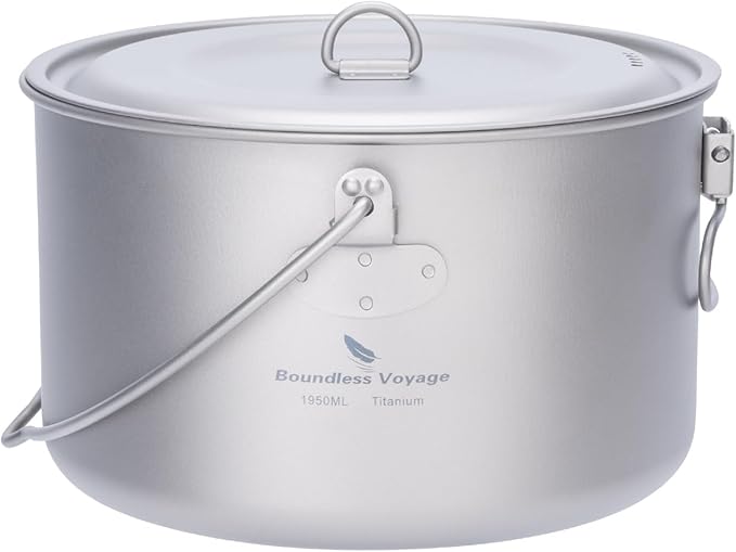 iBasingo 1.95L (1950ml) Titanium Pot with Lid Ultralight Camping Cookware for Backpacking, Hiking & Outdoor Cooking, Compact Backpacker Pot with Measurement Marks, Folding Handle Ti2044C