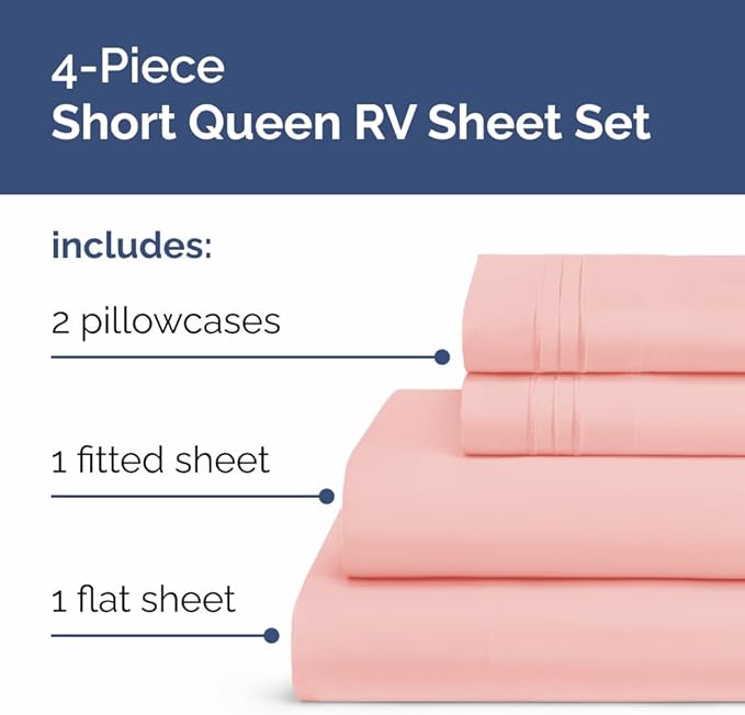 Short Queen Size 4 Piece Sheet Set - RV Short Queen, Soft, Breathable & Cooling Bed Sheets Set with Deep Pockets - Hotel Luxury Bedding for Women, Men, Kids, Teens, Boys & Girls - Oeko-Tex - Baby Pink