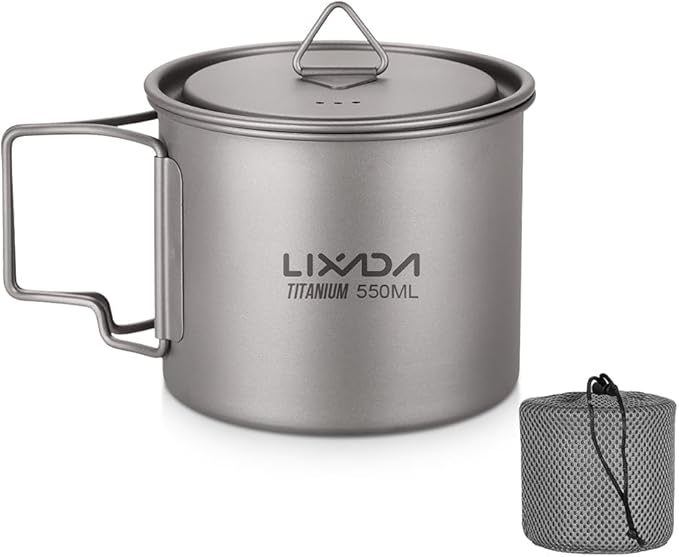 Lixada Titanium Pot, Lightweight Camping Pot Titanium Cup Titanium Backpacking Pot with Portable Foldable Handles for Outdoor Camping Hiking Backpacking