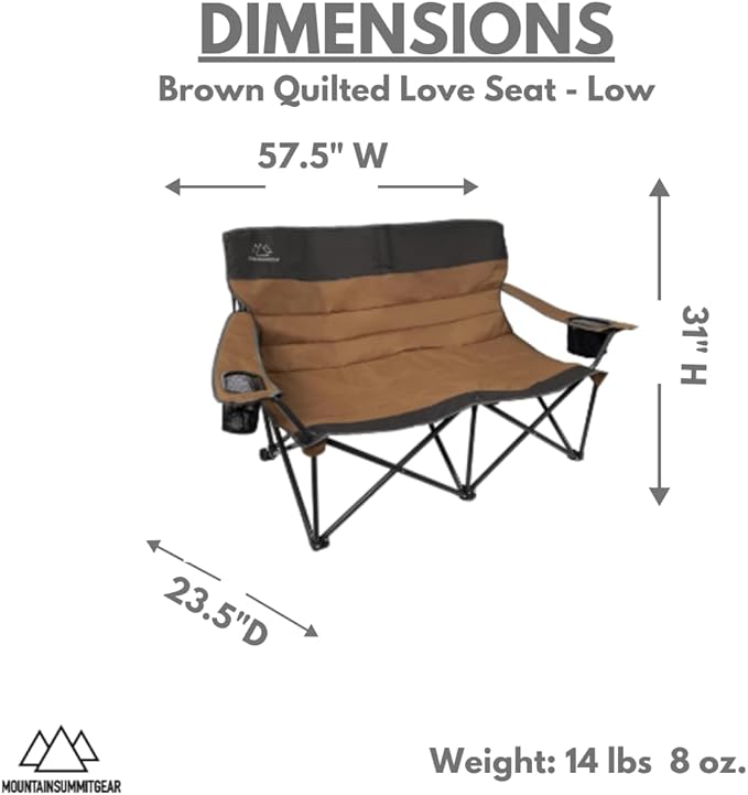 MOUNTAIN SUMMIT GEAR Quilted Low Loveseat Camping Chair for 2 with Padded Seat and Back for Camping/Hiking/Backpacking Made by Caddis Sports (Low Loveseat (Brown))