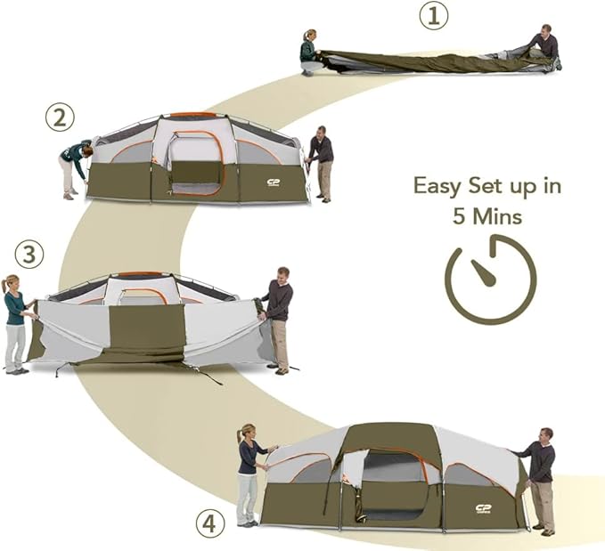 CAMPROS CP Tent 8 Person Camping Tents, Weather Resistant Family Tent, 5 Large Mesh Windows, Double Layer, Divided Curtain for Separated Room, Portable with Carry Bag
