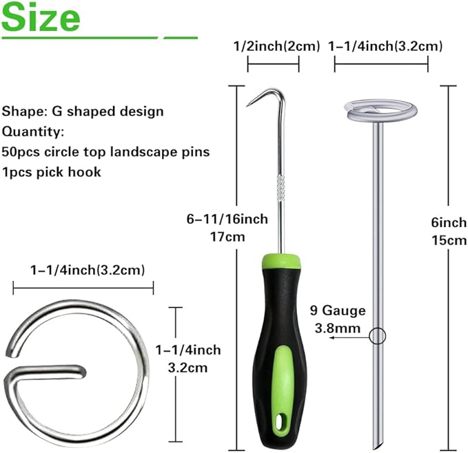 Bakulyor 50Pcs Circle Top Landscape Staples, 6 Inch Garden Stake 9 Gauge Galvanized Landscape Fabric Stakes, Heavy Duty Yard Ground Pins for Outdoor Gardening Weed Barrier Sod Fabric - Silver 6"