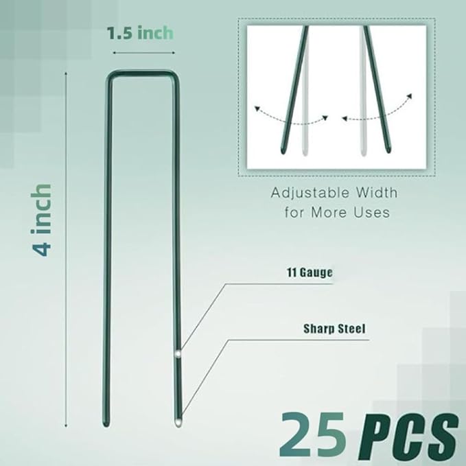 4 inch 25 Pack Green Galvanized Landscape Staples 11 Gauge Garden Stakes Pins Anti-Rust Ground Stakes U-Shaped Tent Stakes are Used for Weed Barrier, Irrigation Tubing, Yard Lawn, Landscape Fabric