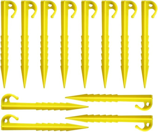 12 Pcs 5.7 inch Plastic Stakes Tent Pegs Serrated Edges Yellow Garden Landscape Stakes for Campings Outdoor and Garden Netting Lawn