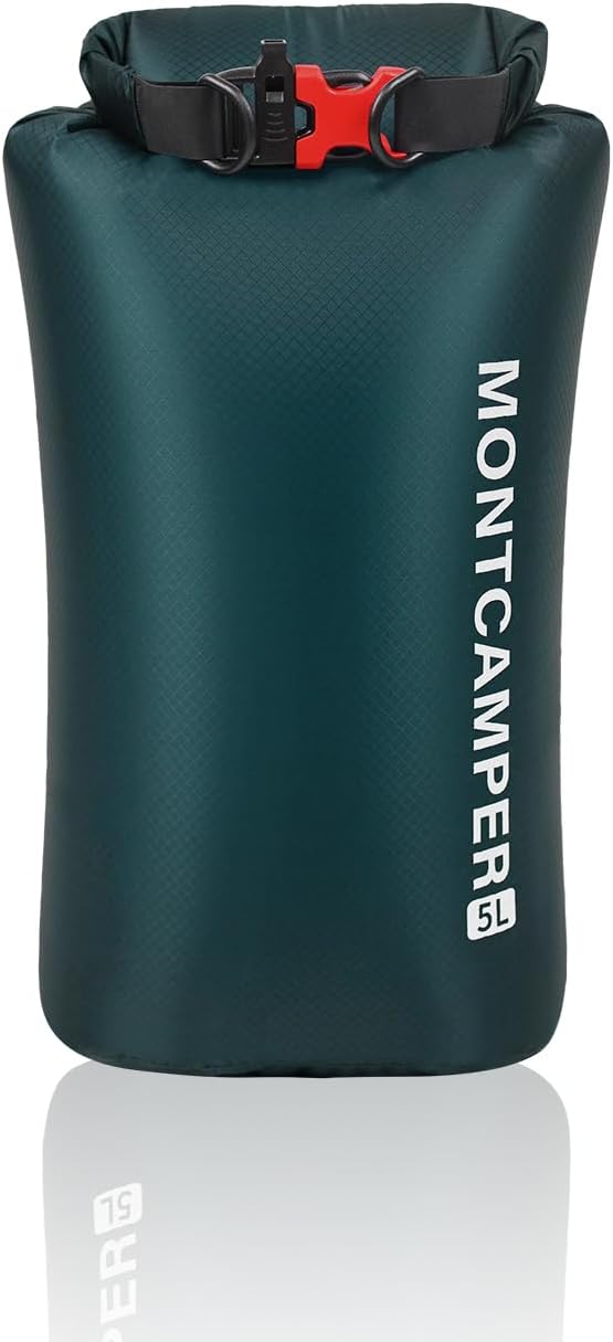 CORDURA Waterproof Dry Bag 5L – Heavy Duty IPX6 Roll Top Sack with Survival Whistle for Kayaking, Camping, Boating, Beach – Lightweight Dry Backpack (Dark Green)