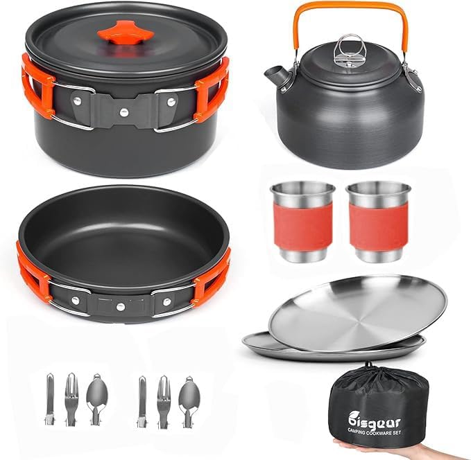 Bisgear Camping Cookware Kettle Mess Kit - Camping Cooking Set Stainless Steel 18/8 Plates Cups with Lids &Sleeves Cutlery - Camping Pots and Pans Set - Backpacking Gear Camp Accessories Equipment