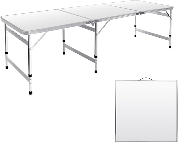 Camping Table 6FT Folding Table Large 3 Adjustable Height Portable Picnic Table Camp Aluminum Outdoor Picnic BBQ White