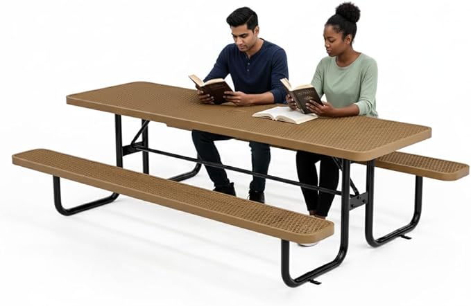 Metal Picnic Furniture for Outdoors with Umbrella Hole - Coated Steel Heavy Duty Commercial Grade Table with Adjustable Seats, Patio Set for a Lifetime (Brown, 8' Rectangular)