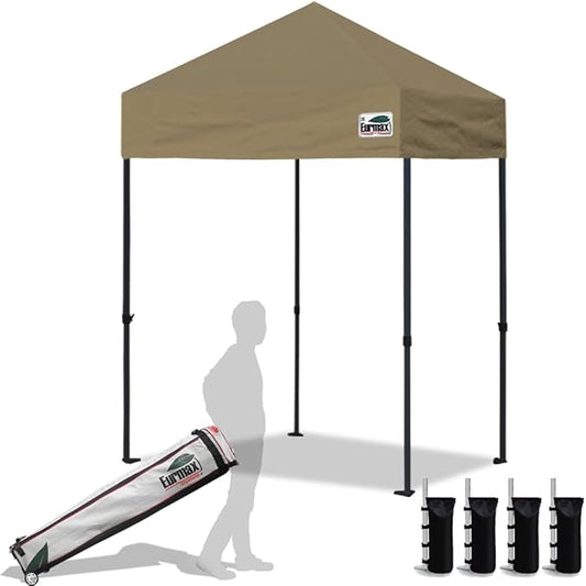Eurmax USA 5'x5' Pop Up Canopy Tent Commercial Instant Canopies with Heavy Duty Roller Bag,Bonus 4 Sand Weights Bags (Khaki)