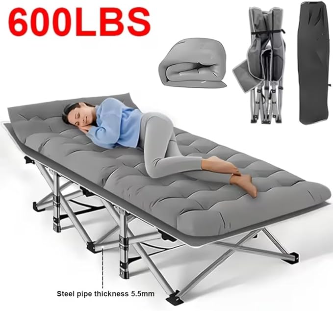 600LBS, Extra-Large Folding Outdoor Camping Bed with Mattress, Portable Folding Guest Bed, Heavy-Duty Sleeping bedwith Storage Bag, Suitable for Travel and Leisure (Grey 600lbs)
