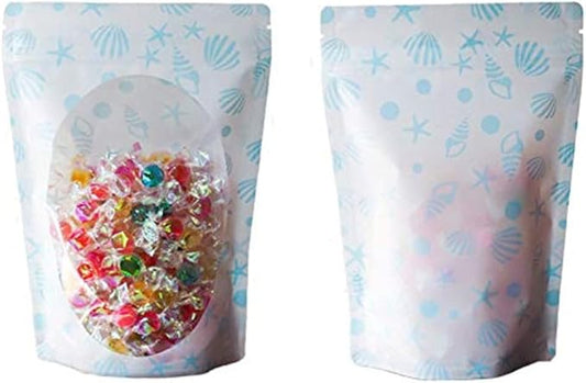 100 Pieces Resealable Cartoon Stand Up Plastic Smell Proof Zip Lock Packaging Bags for Food Storage Package Pouches (Blue Conch Starfish,6.3x9.1 Inch)