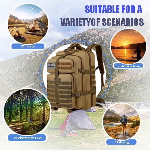 45L Military Tactical Backpack for Men, Large 3-Day Assault Pack MOLLE Rucksack, Waterproof Survival Bug Out Bag for Hiking, Camping, Hunting, Gym & Work, Includes US Flag Patch - Desert Khaki