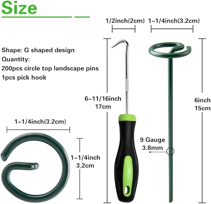 Bakulyor 200Pcs Circle Top Landscape Staples, 6 Inch Green Artificial Turf Stakes, 9 Gauge Landscape Fabric Pins, Heavy Duty Yard Lawn Spikes for Outdoor Soil Gardening Weed Barrier Sod Fabric - 6"