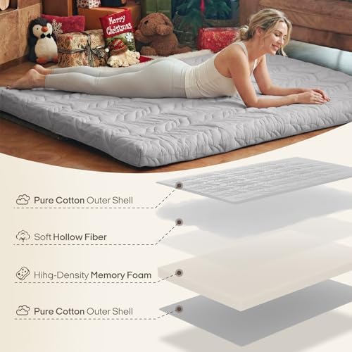 ZonLi Japanese Floor Mattress Futon Mattress Full Size, Thicken Roll Up Tatami Mat 100% Cotton Washable Cover, Portable & Foldable Floor Bed Mattress for Sleeping, Dormitory, Adult Kids, Grey