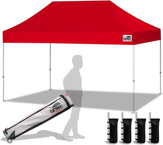 Eurmax USA 10'x15' Pop Up Canopy Tent Commercial Instant Canopies with Heavy Duty Roller Bag,Bonus 4 Sand Weights Bags (Red)