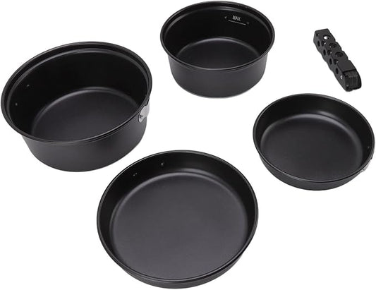 Camping Cooking Pot Pan Set, Prevent Stick Portable Aluminum Alloy Stackable Open Fire Outdoor Cookware Even Heat Conduction with Tote Bag for Hiking