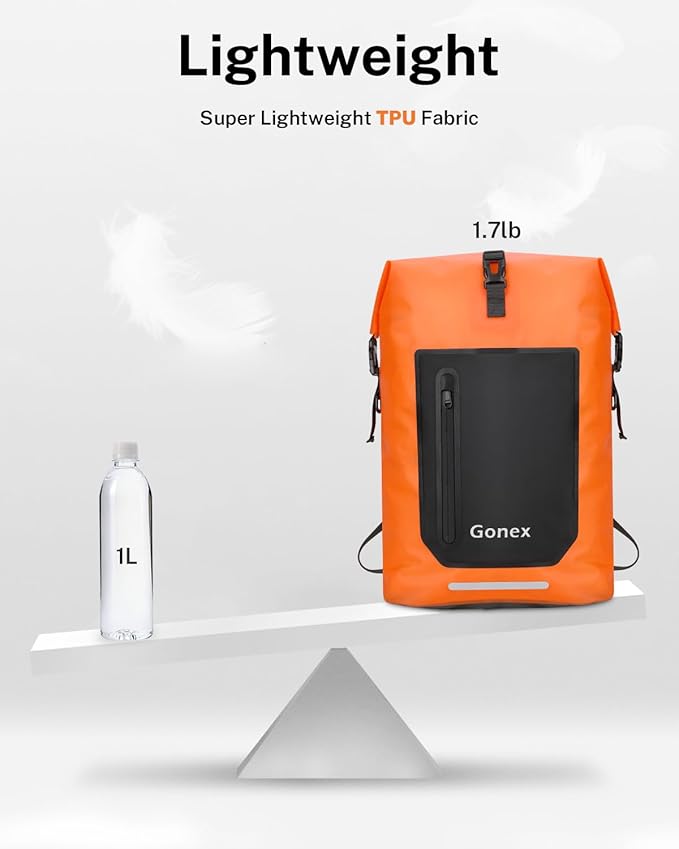 Gonex Ultralight Waterproof TPU Backpack, 35L Roll Top Dry Bag with Comfortable Padded Back Panel for Kayaking Boating Camping Fishing Travel,Orange