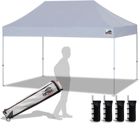 Eurmax USA 10'x15' Pop Up Canopy Tent Commercial Instant Canopies with Heavy Duty Roller Bag,Bonus 4 Sand Weights Bags (Grey)