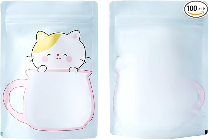 QQ Studio 100 Animal Designed Snack Bags, Plastic Bakery Bags, Cute Favor Bags for Snacks, Pastel Cookie Bags with Window, Zipper Seal Treat Storage Bags (6.25 Inch x 9 Inch, Blue Kitty)