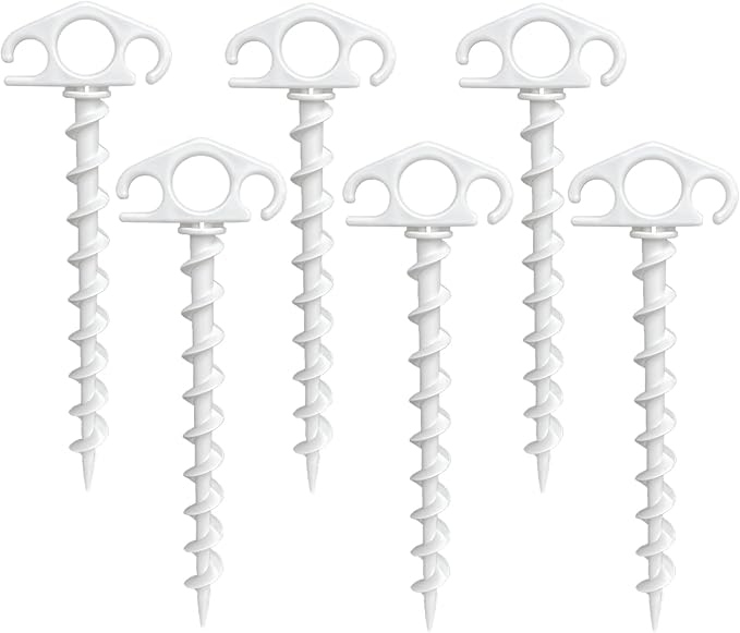 Tent Stakes Ground Anchors Screw in, 6 Pack Sand Stakes for Beach 9.4 Inch Heavy Duty Spiral Tent Pegs for Camping, Party, Hiking, Outdoor Decoration (6, White)