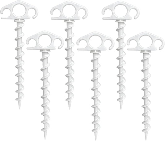 Tent Stakes Ground Anchors Screw in, 6 Pack Sand Stakes for Beach 9.4 Inch Heavy Duty Spiral Tent Pegs for Camping, Party, Hiking, Outdoor Decoration (6, White)