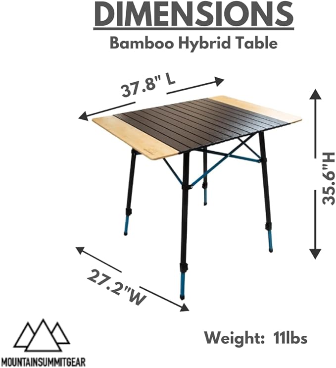 MOUNTAIN SUMMIT GEAR Bamboo/Aluminum Roll-Top Camping Table - Hybrid and Portable Aluminum-Top/Bamboo Folding Table with Adjustable Height Steel Frame by Caddis Sports