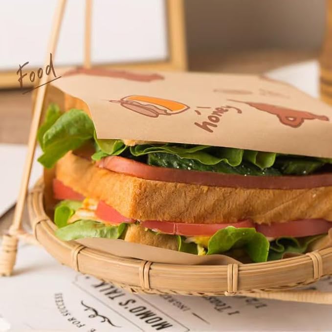 Paper Hamburger Bags 7 X 7 "50 Pieces, Food-Grade Oil-Proof Triangular Snack And Pastry Bags, Recyclable Packaging, Doughnut Sandwich Bread Food Packaging (Honey Bear)