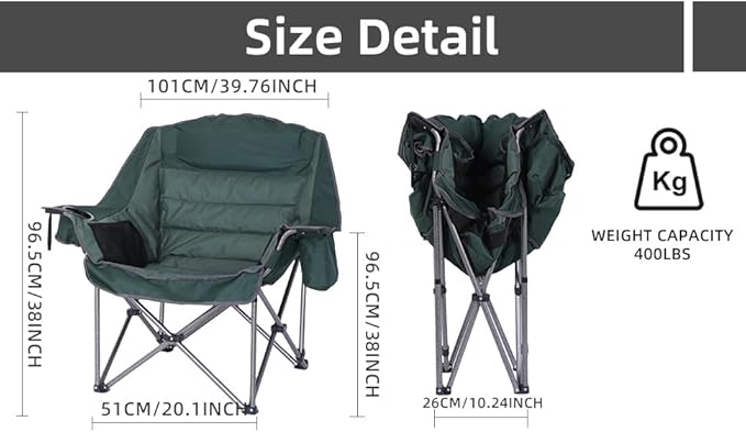 Folding Camping Chair, Padded Chair, Oversized Camping Chair, Lawn Chair for Adults, Heavy Duty 400lb Carry Bag Cupholder & Cooler (1-Pack)