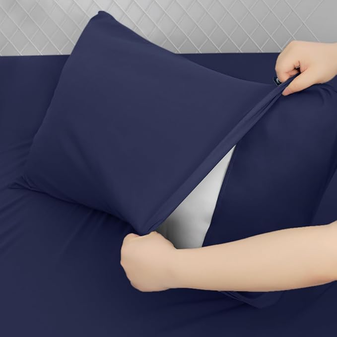 California King Sheet Sets for Air Mattress - Extra Deep Pocket Cal King Sheet Set - 3Pcs Side Storage Pocket Fitted Sheet & Pillowcases Easily Fits 16in to 24in Pillow Top Bed Mattress - Navy Blue