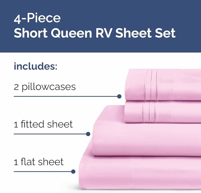 Short Queen Size 4 Piece Sheet Set - RV Short Queen, Soft, Breathable & Cooling Bed Sheets Set w/ Deep Pockets - Hotel Luxury Bedding for Women, Men, Kids, Teens, Boys & Girls - Oeko-Tex - Light Pink