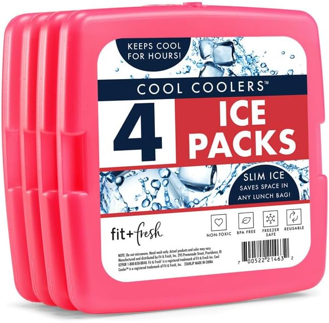 Cool Coolers by Fit + Fresh, Reusable & Long-Lasting Slim Ice Packs, Cold Packs for Lunch Boxes, Ice Packs for Lunch Bags, Pink 8 Pack